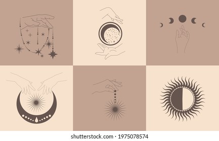A set of templates with esoteric cosmic symbols. Silhouette of hands, lunar cycles, sun, stars, space.