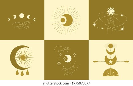 A set of templates with esoteric cosmic symbols. Silhouette of hands, lunar cycles, sun, stars, space.