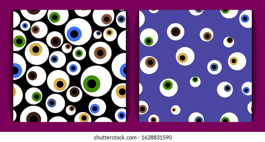 a set of templates with eyeballs. colorful eyeballs seamless pattern on a purple background. concept of magic, mysticism and voodoo.  