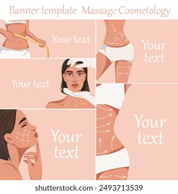 Set of templates for facial and body massage lines. Facial massage infographics. Guide to skin care for body and face. Woman's face and figure. Vector illustration with place for text