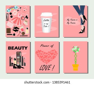 Set of templates fashion and beauty cards with romantic object. Actual vector of holiday things.