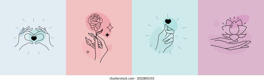 Set of templates of female hands, emblems. Beauty, health and femininity. Logo design with various hand gestures. Linear compositions. Vector, flat illustration