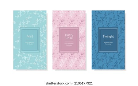 Set of templates with floral pattern. Used pastel colors. Turquoise, mint, dusty pink, twilight blue. Linear graphics and geometric shapes. Great for print, packaging, textiles and social media