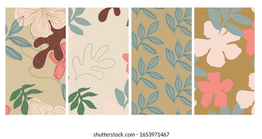 Set of templates with flower and botany elements. Floral pattern. Garden decorative background. Trendy spring or summer design for promotion social media content. 