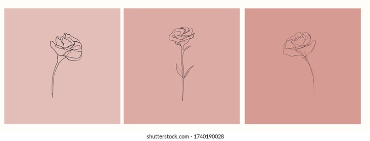 Satz von Vorlagen mit Blumen im minimalen linearen Stil. Botanische Ikone. Kartendesign. 