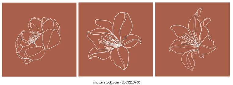 Set von Vorlagen mit Blumen im minimalen linearen Stil. Botanische Ikone. Kartendesign. 