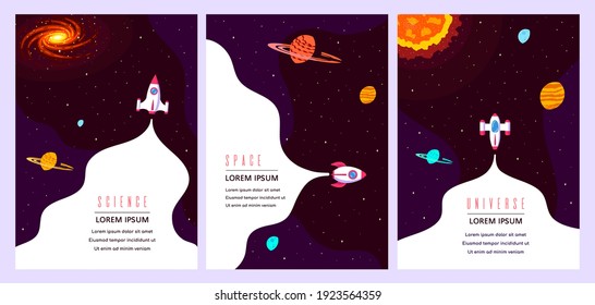 Set of Templates for Flyer, Magazine, Poster, Book Cover. Outer Space, Science, Astronomy and Astrophysich Concept Design. Flat Style Vector Illustration