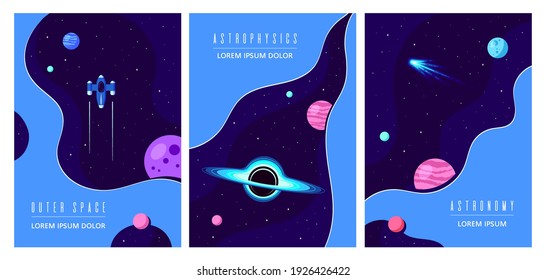 Set of Templates for Flyer, Magazine, Poster, Book Cover. Outer Space, Science, Astronomy and Astrophysich Concept Design. Flat Style Vector Illustration