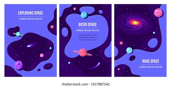 Set of Templates for Flyer, Magazine, Poster, Book Cover. Outer Space, Science, Astronomy and Astrophysich Concept Design. Flat Style Vector Illustration