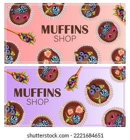 Set of templates flyers for bakeries, shops, cafes, restaurants, banners, posters, promotion. Vector illustration of muffins,spoons with berries on pink,purple horizontal background. Izolated on white