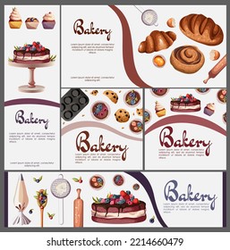 Set of templates flyers, banners. Vector illustration of white flyers with colored lines, different pastry, kitchen utensils and copy-space isolated. Bakeries,cafe,confectioners,shops,design concept.