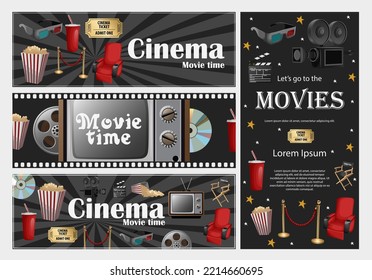 Set of templates flyers posters for World Cinema day, Movie marathon, cinemas, print, banners concept. Vector illustration of vertical and horizontal black background,cinema attributes and copy-space.