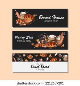 Set of templates flyers for shops, bakeries, cafes, restaurants, banners, confectioners. Vector illustration of kitchen utensils,different pastry and text on black and white horizontal background.