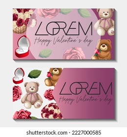 Set of templates flyers for shops, posters, promotion, Valentine's day, sale banners. Vector illustration of roses, rose baskets, Teddy bears, gifts, copy-space on purple isolated on white.