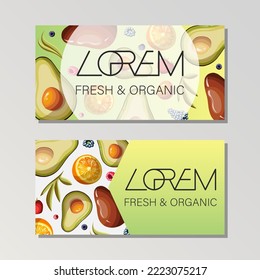 Set of templates flyers for shops,banners,cards. Vector illustration of fruits avocado,orange,berries, leaves and copy-space on white green horizontal background. Isolated on neutral light.