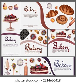 Set of templates flyers,cards,banners of kitchenware utensils and pastry,copy-space and colorful line isolated on white gray. Vector illustration for bakeries,cafe,design,confectioners concept. - Shutterstock ID 2214660419