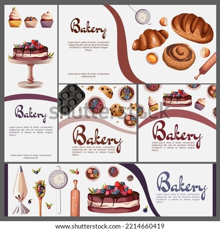 Set of templates flyers,cards,banners of kitchenware utensils and pastry,copy-space and colorful line isolated on white gray. Vector illustration for bakeries,cafe,design,confectioners concept.