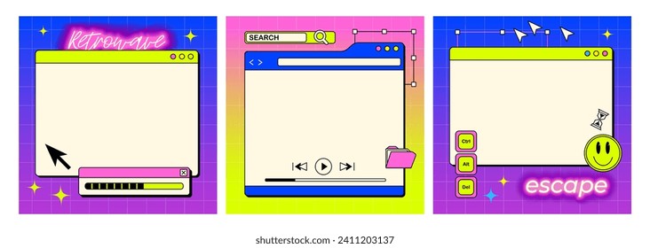 Eine Reihe von Vorlagen in Form des Bildschirms eines alten Retro-PCs im y2k-Stil. Retro-Wellen- und Vaporwellenhintergrund. Helle Vintage-Computerschnittstelle