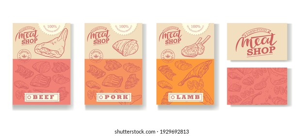 A set of templates for a fresh meat store. Vector frames for flyers, stickers, and price tags.