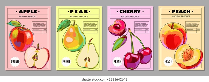 Conjunto de plantillas con frutos. Manzanas, peras, melocotones, cerezas. Afiches de frutas, etiquetas, cubiertas, etiquetas de precios. Estilo de caricatura, Vector. Ilustraciones coloridas.