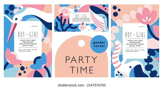 Set of templates for gender party invitation. Vertical and horizontal designs with crane, elephant, whale on background of flowers. Vector illustration