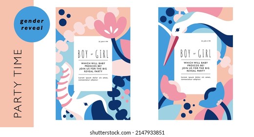 Set of templates for gender reveal party invitation. Vertical designs with crane and elephant on background of flowers. Vector illustration