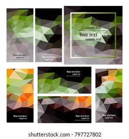 The set of templates from geometric, kaleidoscopic, abstract backgrounds, polygonal graphics in gray, green and orange colors