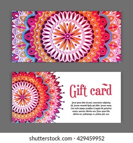 set  templates of gift cards with color ornament mandala for print or website. vector illustration. Gift card design. Vector national design. Card template for print.
