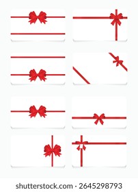 Conjunto de modelos para cartões de presente ou desconto e vouchers em fundo branco com arcos de cetim vermelho exuberante e fitas. Ilustração vetorial.