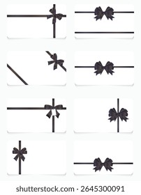 Set of templates for gift or discount  cards and vouchers on white background with black lush satin bows and ribbons. Vector illustration.