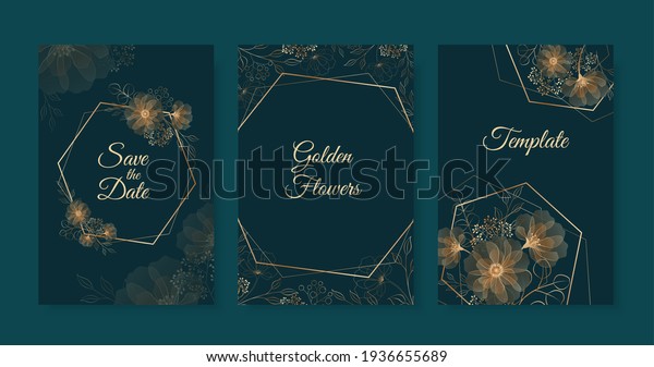 Set of templates with golden flowers and on dark\
green background. Vector outline flowers and leaves. Geometry frame\
with elegant flowers.