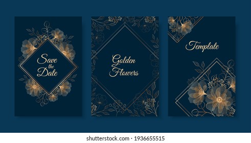 Set of templates with golden flowers and rhombus frame on dark blue background. Vector outline flowers and leaves. Geometry with elegant flowers.