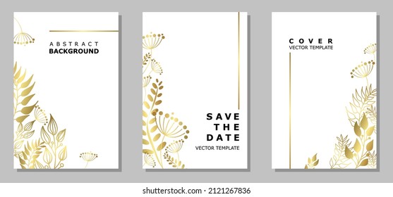 Set of templates with golden leaves and twigs on a white background. Group of vertical covers with space for text. Vector illustration.