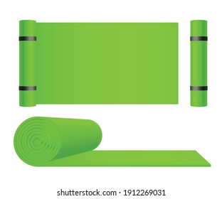 Set templates of green mat for yoga or pilates exercises, realistic vector illustration isolated on white background. Laid, folded and unfolded yoga mat or rug.