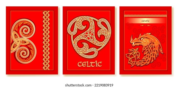 Set of templates for greeting card, poster, banner, wallpaper, design project. Decoration with Celtic knot pattern, triple trickle spiral ornament and red dragon. Luxury background. Vector drawing. 