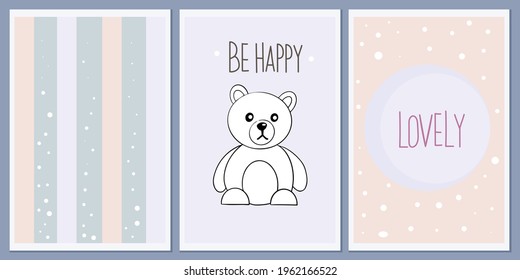 A set of templates for greeting cards and baby shower invitations with animals. Cute teddy bear. Designer vector abstract Scandinavian style greeting wall posters. line art.