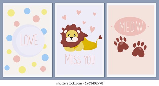 A set of templates for greeting cards and baby shower invitations with animals. Cute lion. Paw prints. Designer vector abstract Scandinavian style greeting wall posters.