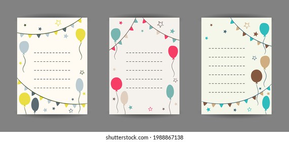 Set of templates for greeting cards with balloons and garlands. Blank for a banner for a birthday, party, anniversary, wedding or celebration. Vector illustration for printing.