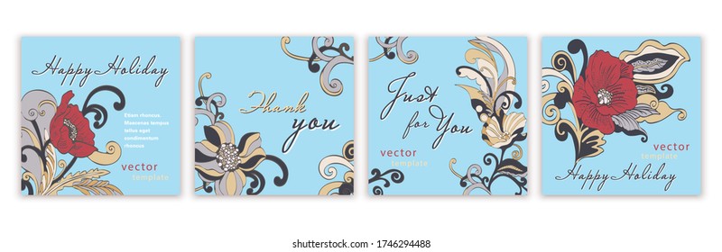 Set of templates greeting cards, banners, covers, posters, anniversary, invitations, flyer with colorful bright abstract floral design with red poppy flowers on blue background. Vector illustration
