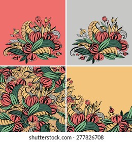 A set of templates for greeting cards, invitations, posters, brochures or banners. Hand-drawing color fancy flowers with leaves.