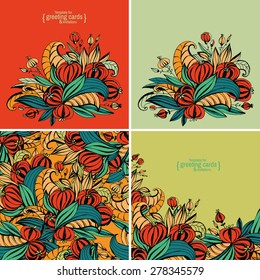 A set of templates for greeting cards, invitations, posters, brochures or banners. Hand-drawing fancy flowers with leaves.