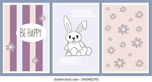 Set of templates for greeting cards and party invitations with animals. Cute hare. Kids background prints with botanical elements. Designer vector abstract wall greeting posters. pastel colors.