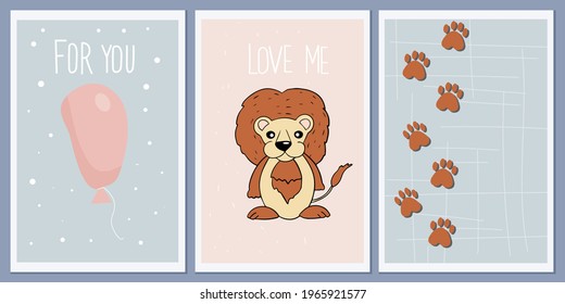 Set of templates for greeting cards and party invitations with animals. Cute lion. Baby background prints, paw prints. Designer vector abstract wall greeting posters. pastel colors.