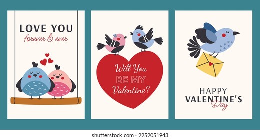 A set of templates for greeting cards, social media and covers. Happy Valentine's Day. Postcards with cute birds and pretty words