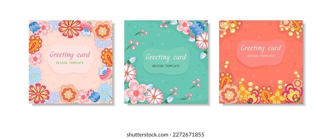 set of templates for greeting cards. Spring flowers hand drawing flat colored doodle. Design cover, postcard, post, background, with space for text and frame. Vector image. Spring flowers summer 
