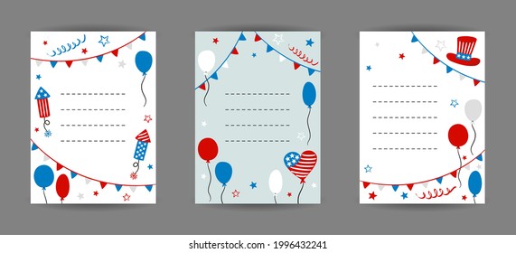 Set of templates for greeting cards for USA Independence Day. Layout by July 4th in national colors of the United States of America. Vector illustration for kids poster design in doodle style. 