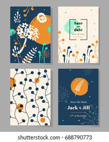 Set of templates with hand drawn abstract flowers and herbs. Design concept for invitations, flyers, posters, greeting cards, save the date cards.