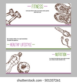 Set of templates with hand drawn fitness items. Cards or banners, healthy lifestyle concept.