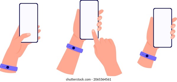 Set of templates with hand that hold a mobile phone. Collection of hands with finger on smartphone. Flat cartoon vector illustration isolated on white background.