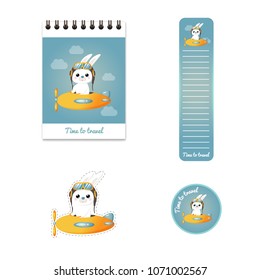 A set of templates. The hare flies by plane among the clouds. Stationery, souvenir, gift products. Notepad, bookmark, icon, sticker. Vector stock illustration. Children's drawing in cartoon style.